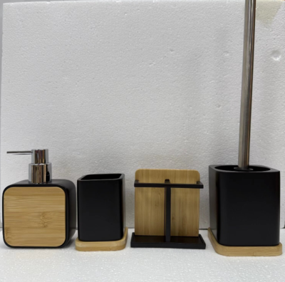 4pcs set polyresin bathroom accessory set black and wood